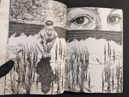 Interior spread with a kappa-like figure by water and large eyes above the horizon, black-and-white ink