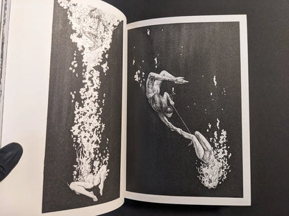 Interior spread with underwater figures and rising bubbles, black-and-white ink