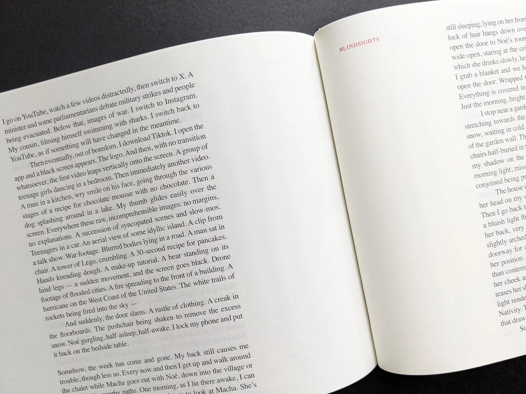 Close view of English essay pages titled “Blindsights” from Keep Distance.