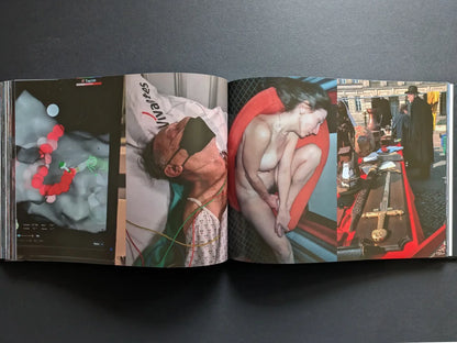 Medical monitor, a patient in hospital, a nude woman curled on a bed, and a market stall with a sword.