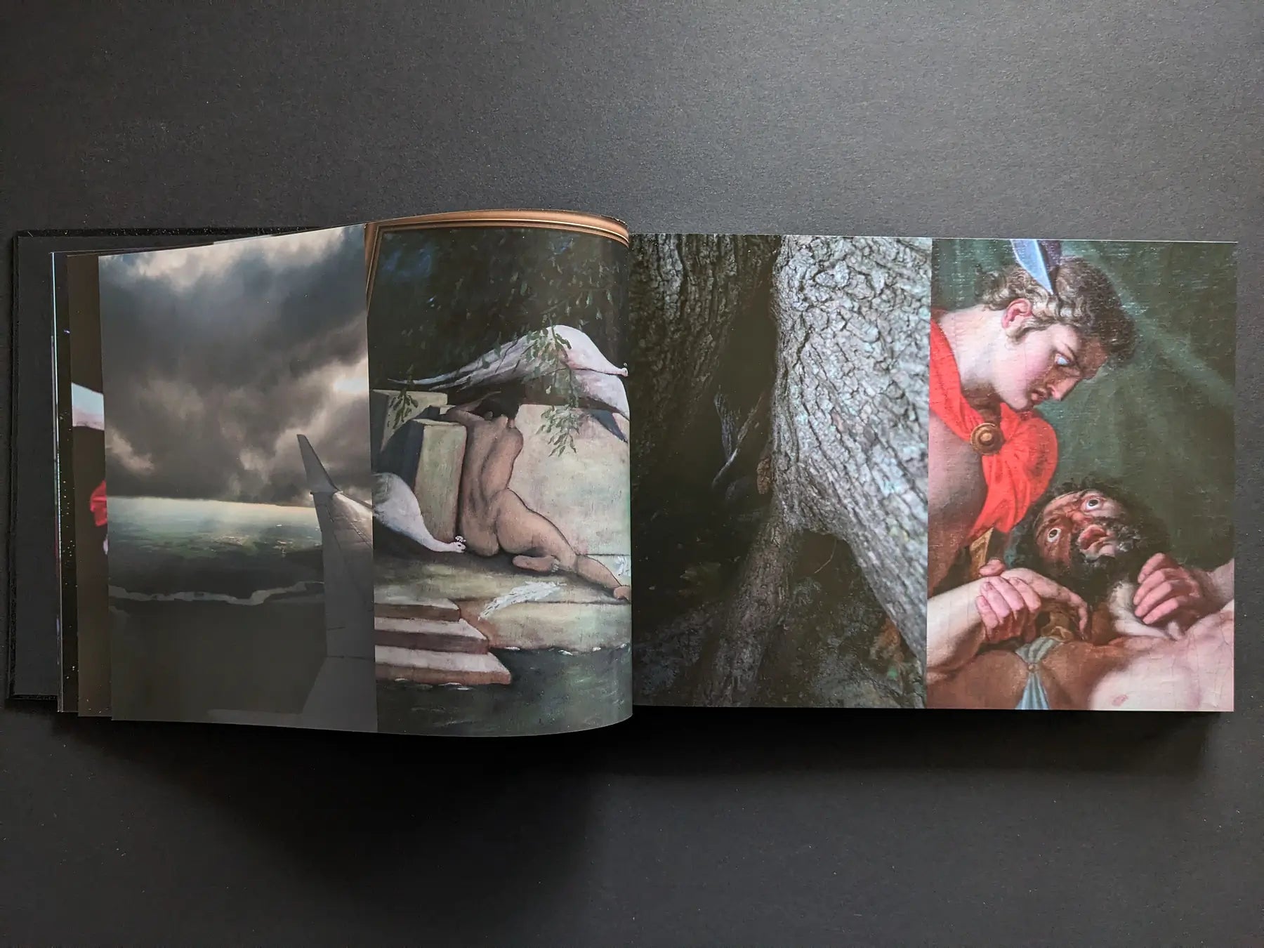 Interior spread combining an airplane wing in storm clouds, fragments of classical paintings, and a tree trunk.
