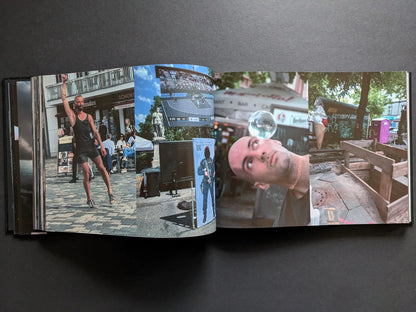 Street scenes and performers, including a dancer and a man balancing a glass sphere, from Boris Mikhailov’s photobook Keep Distance.