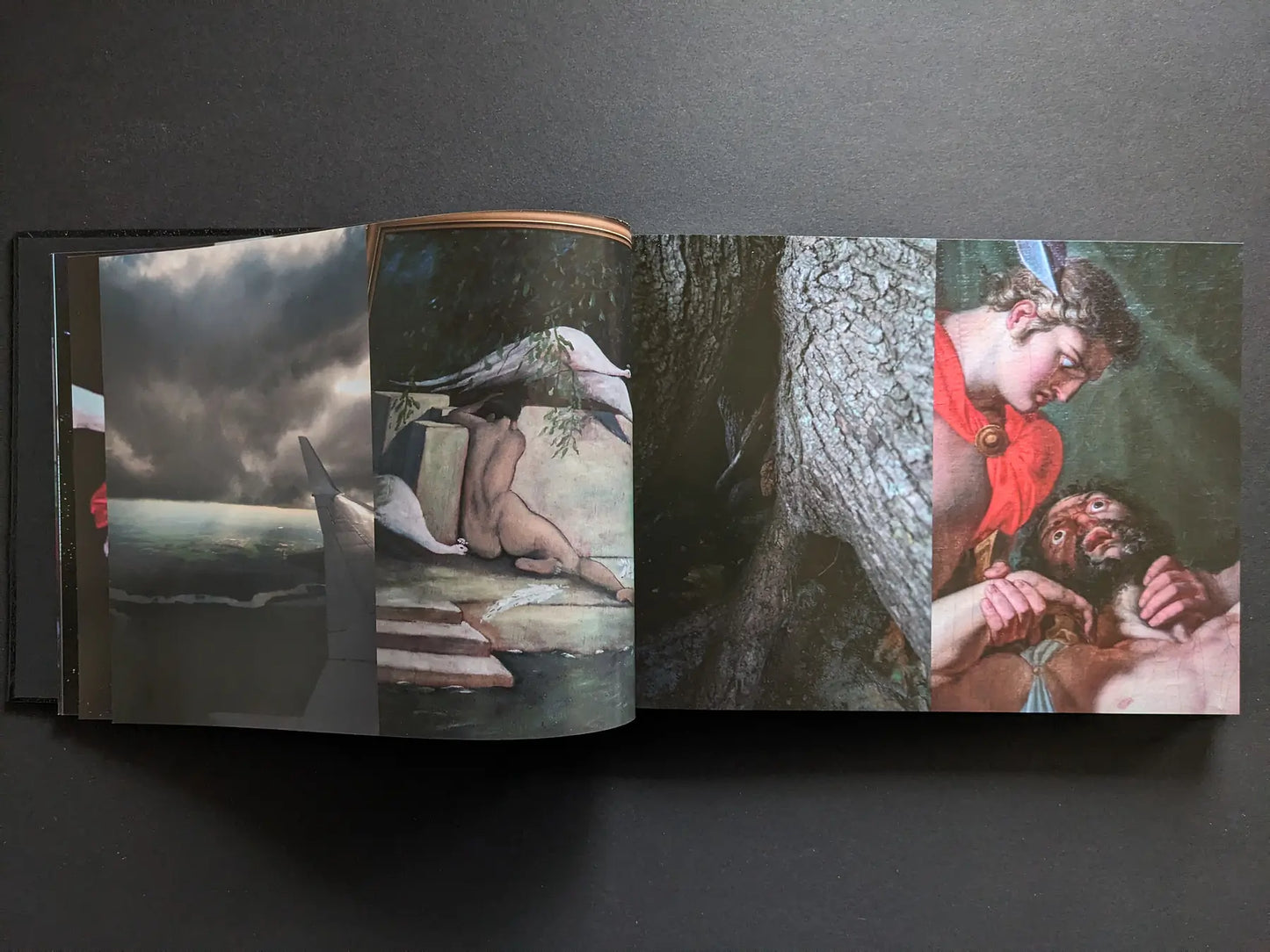 Interior spread from Keep Distance combining an airplane wing in stormy clouds, fragments of classical paintings, and a tree trunk.