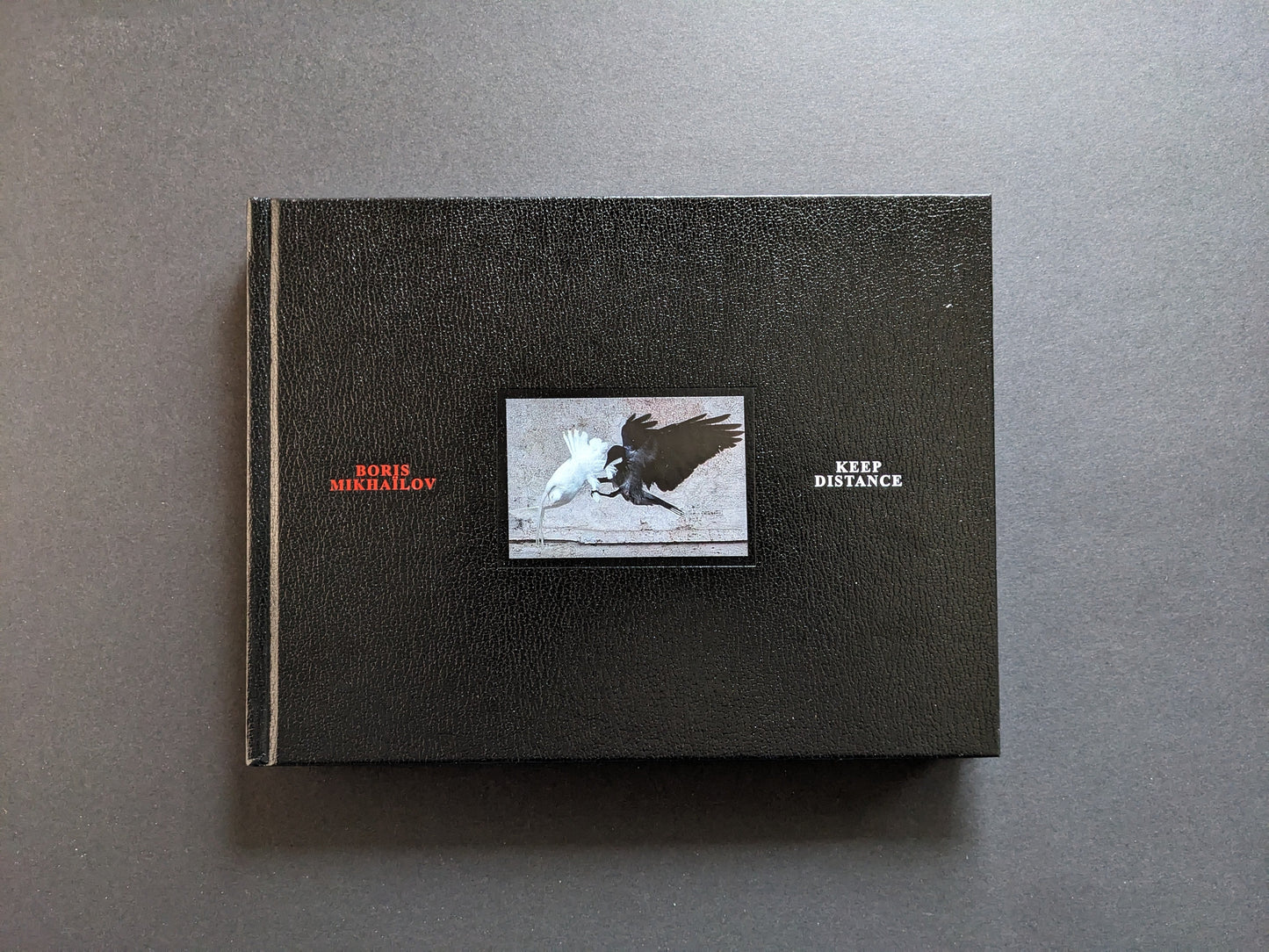 Front cover of Keep Distance by Boris Mikhailov with central photograph of a white bird and a black bird against a black leather-like background.