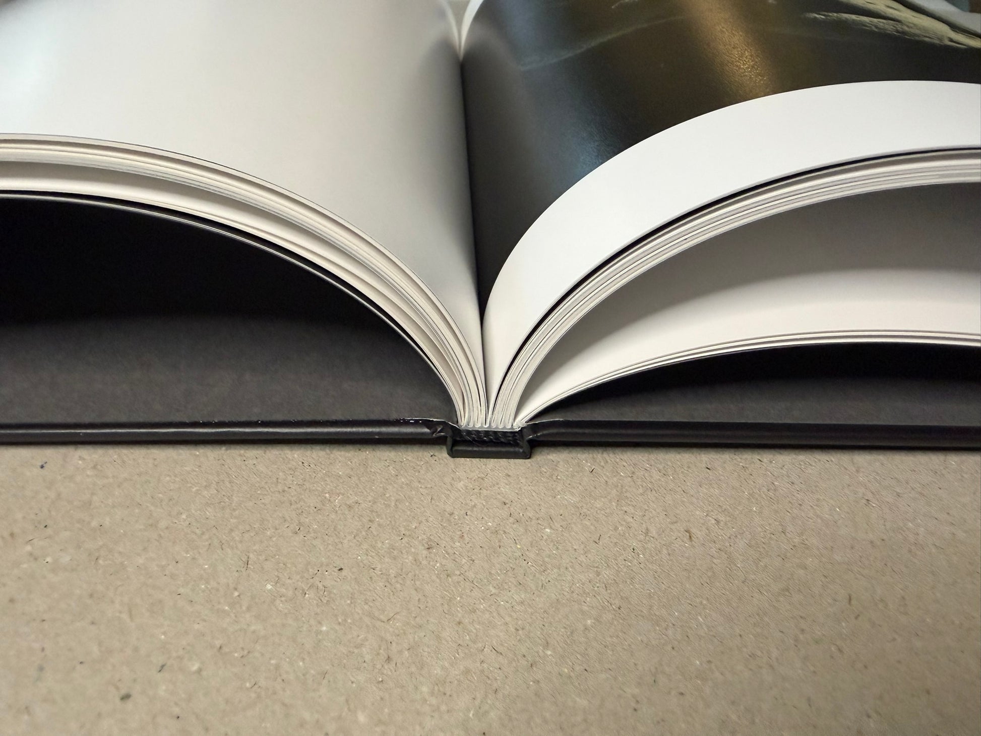 Close view of the book’s page block at the spine, with curved white pages and the black cover visible below.