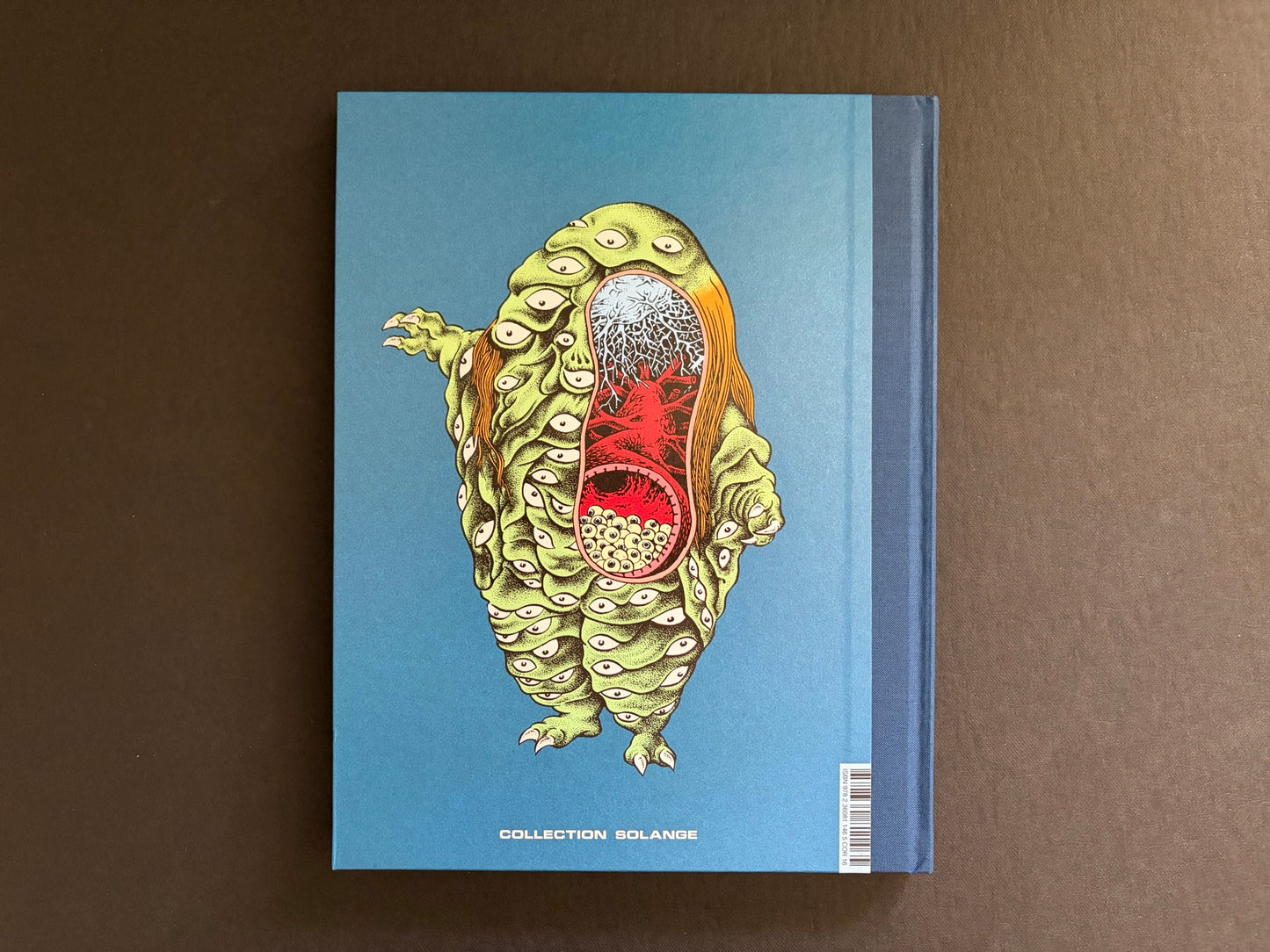 Back cover of À l'intérieur des yokai by Shigeru Mizuki, blue with a green cutaway yokai illustration and Collection Solange text.