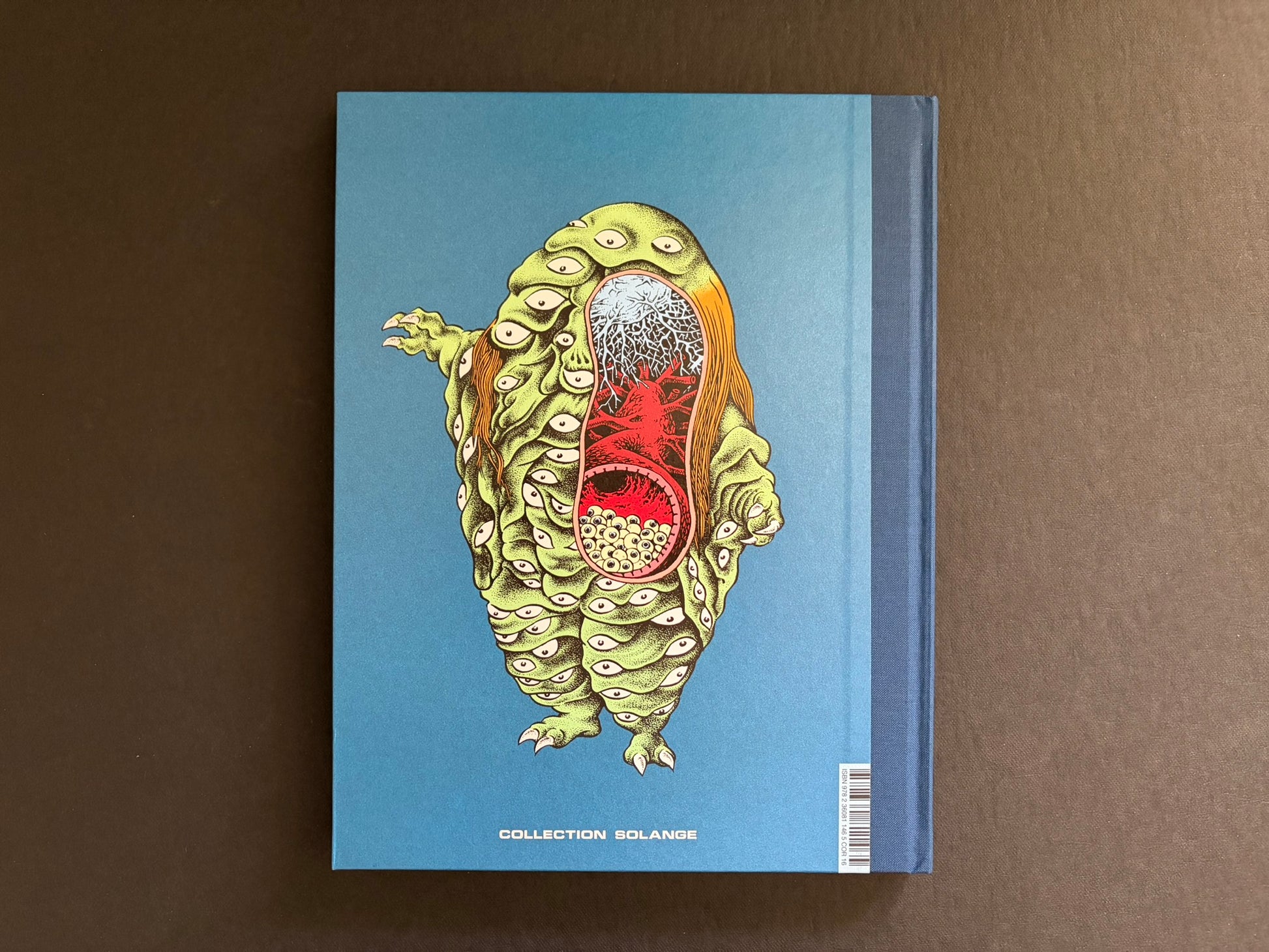 Back cover of À l'intérieur des yokai by Shigeru Mizuki, blue with a green cutaway yokai illustration and Collection Solange text.