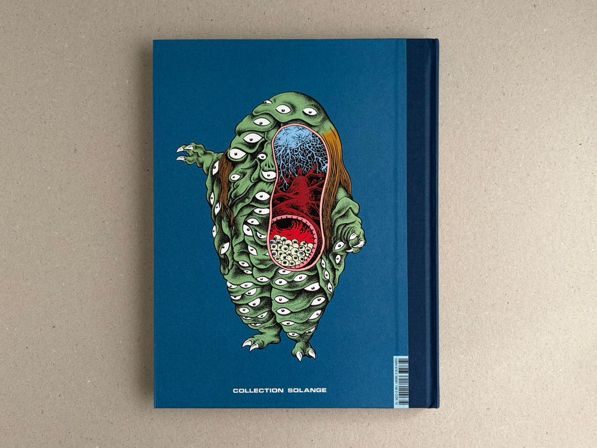 Front cover of À l'interieur des yokai by Shigeru Mizuki, showing a green yokai figure with many eyes on a blue background.