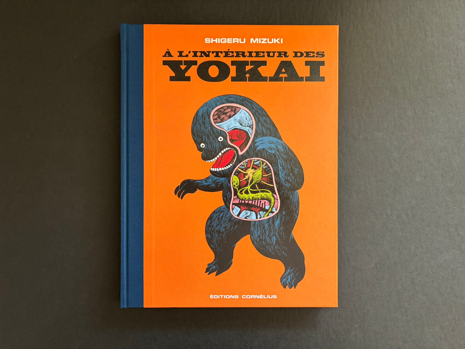 Front cover of À l'intérieur des yokai by Shigeru Mizuki, orange with a blue cloth spine and a cutaway yokai illustration.