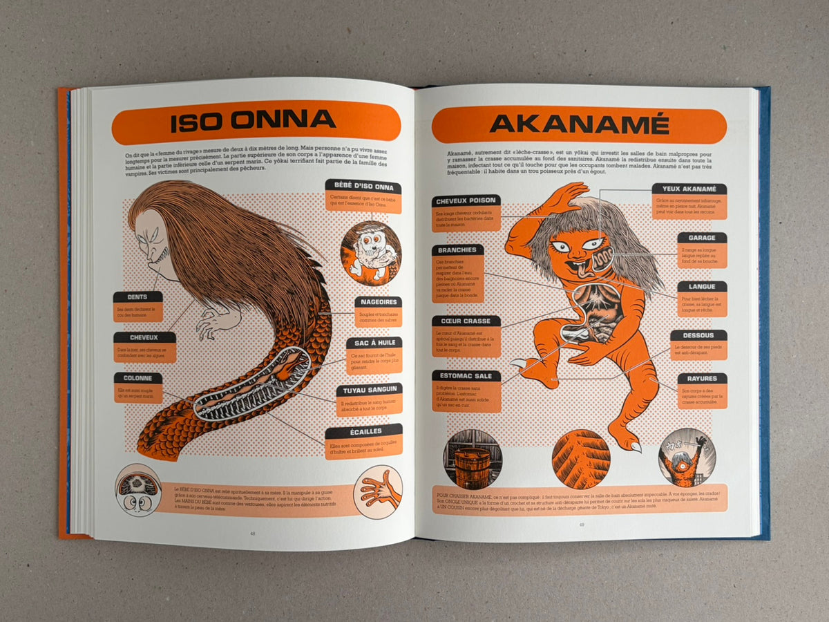 Open book spread from À l'interieur des yokai by Shigeru Mizuki, showing illustrated pages on Iso Onna and Akaname with labeled anatomical diagrams.