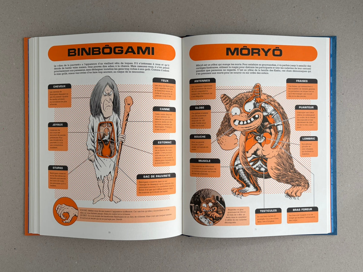 Open book spread from À l'interieur des yokai by Shigeru Mizuki, showing two illustrated encyclopedia pages with labeled yokai diagrams and French text.