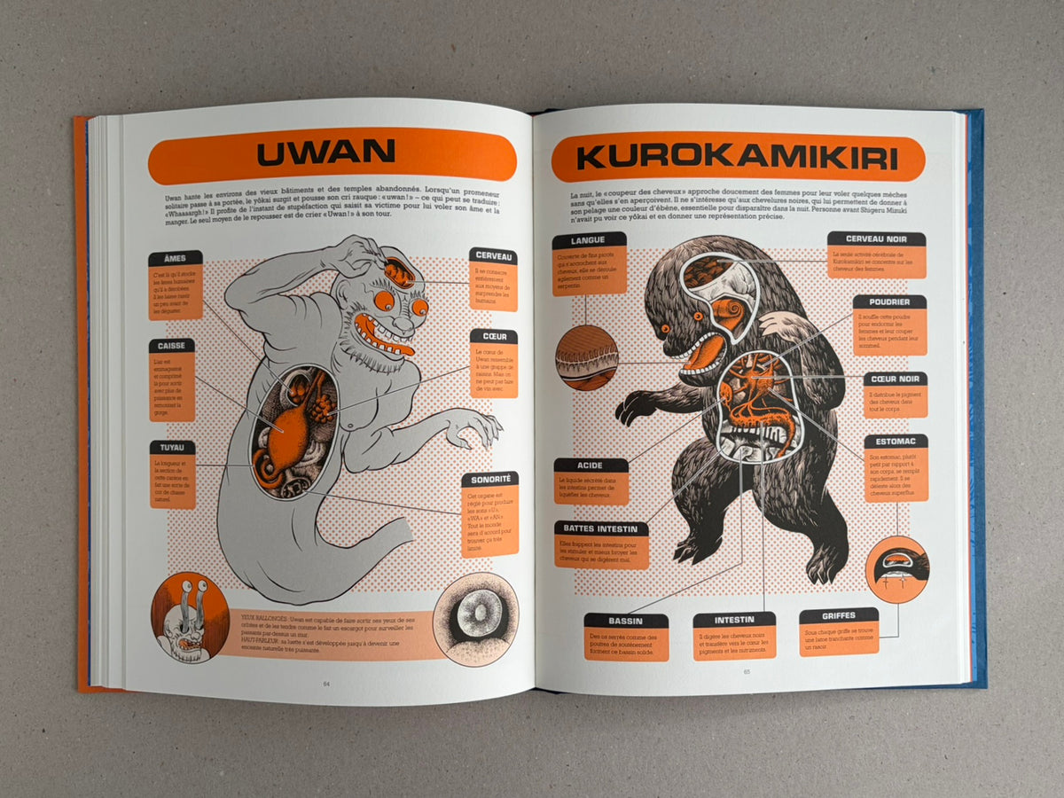 Open book spread from À l'interieur des yokai by Shigeru Mizuki, showing two illustrated yokai anatomy pages with orange headings and labeled diagrams.