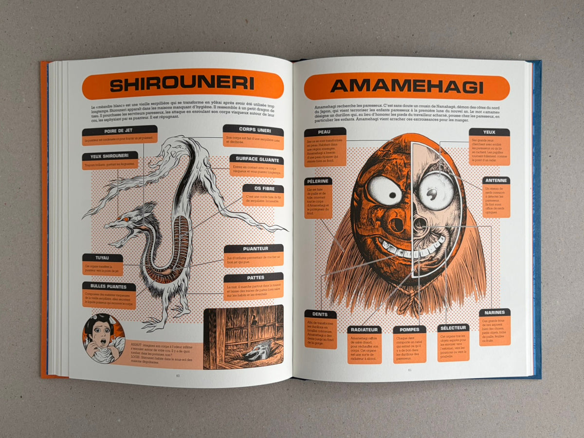Open book spread showing illustrated yokai entries titled Shirouneri and Amamehagi, with orange caption boxes and annotated diagrams.