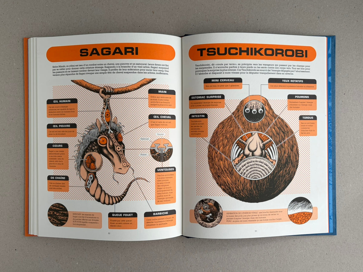 Open spread from À l'interieur des yokai by Shigeru Mizuki, showing two annotated illustrated pages titled Sagari and Tsuchikorobi.