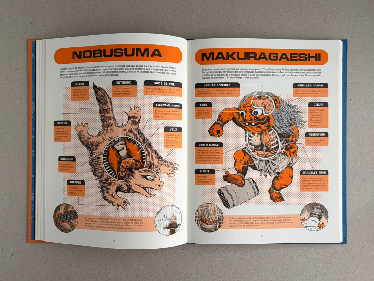 Open spread from À l'interieur des yokai by Shigeru Mizuki, showing two annotated creature illustrations with orange and black headings.