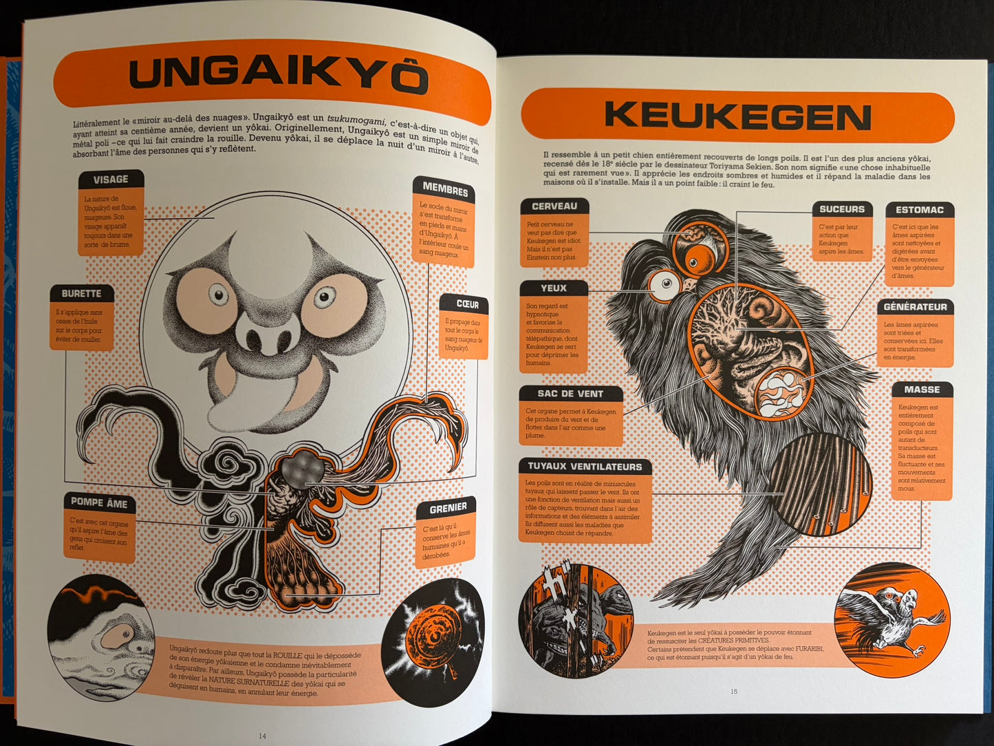 Two-page spread with yokai anatomy diagrams titled Ungaikyō and Keukegen in À l'intérieur des yokai.