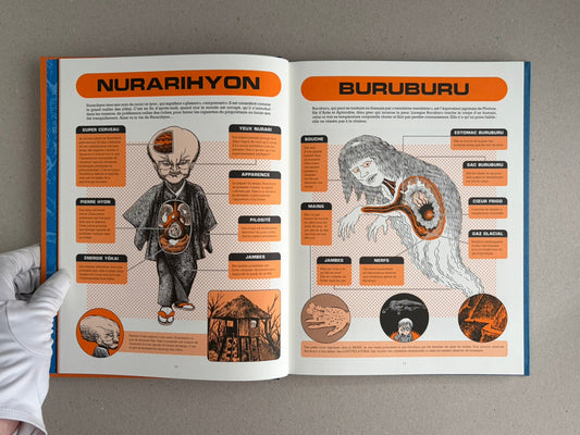 Open spread of À l'interieur des yokai — Shigeru Mizuki, showing two illustrated pages with annotated yokai figures and orange headings.