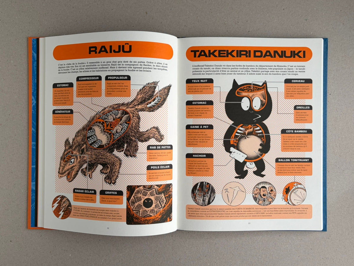 Open spread from À l'intérieur des yokai by Shigeru Mizuki, showing two illustrated creature diagrams with French labels and orange headings.