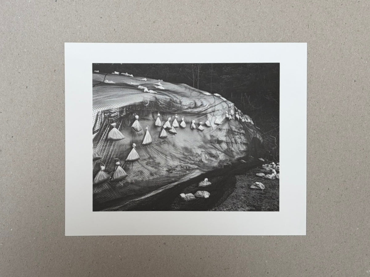 Landscape by Toshio Shibata, black-and-white collotype print on white paper, showing a concrete retaining wall covered with netting and anchored by small sandbags.