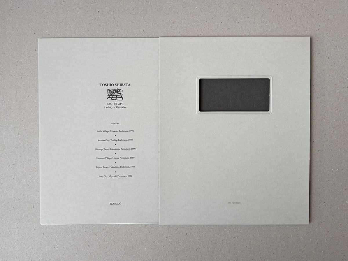 Landscape — Toshio Shibata collotype portfolio case, shown closed with the title printed on the front and a window cut-out on the right panel.