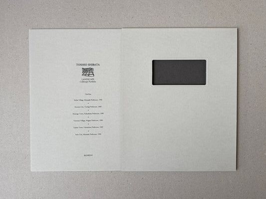Landscape — Toshio Shibata collotype portfolio case, shown closed with the title printed on the front and a window cut-out on the right panel.
