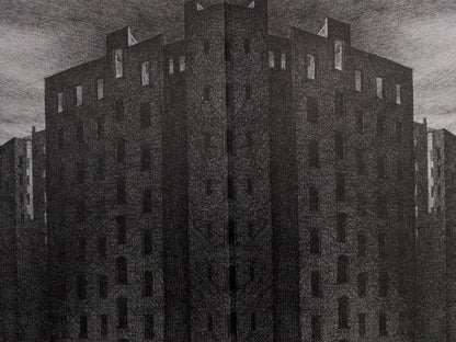 Dark full-page architectural drawing from Les Assises de l'Imposture