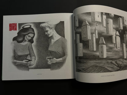 Open spread from Les Assises de l'Imposture with two black-and-white surreal illustrations
