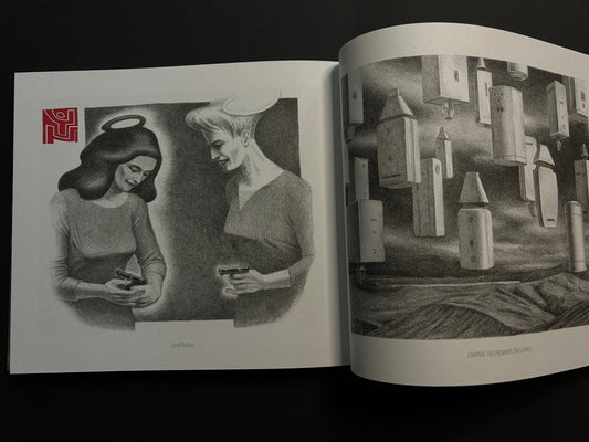 Open spread from Les Assises de l'Imposture with two black-and-white surreal illustrations
