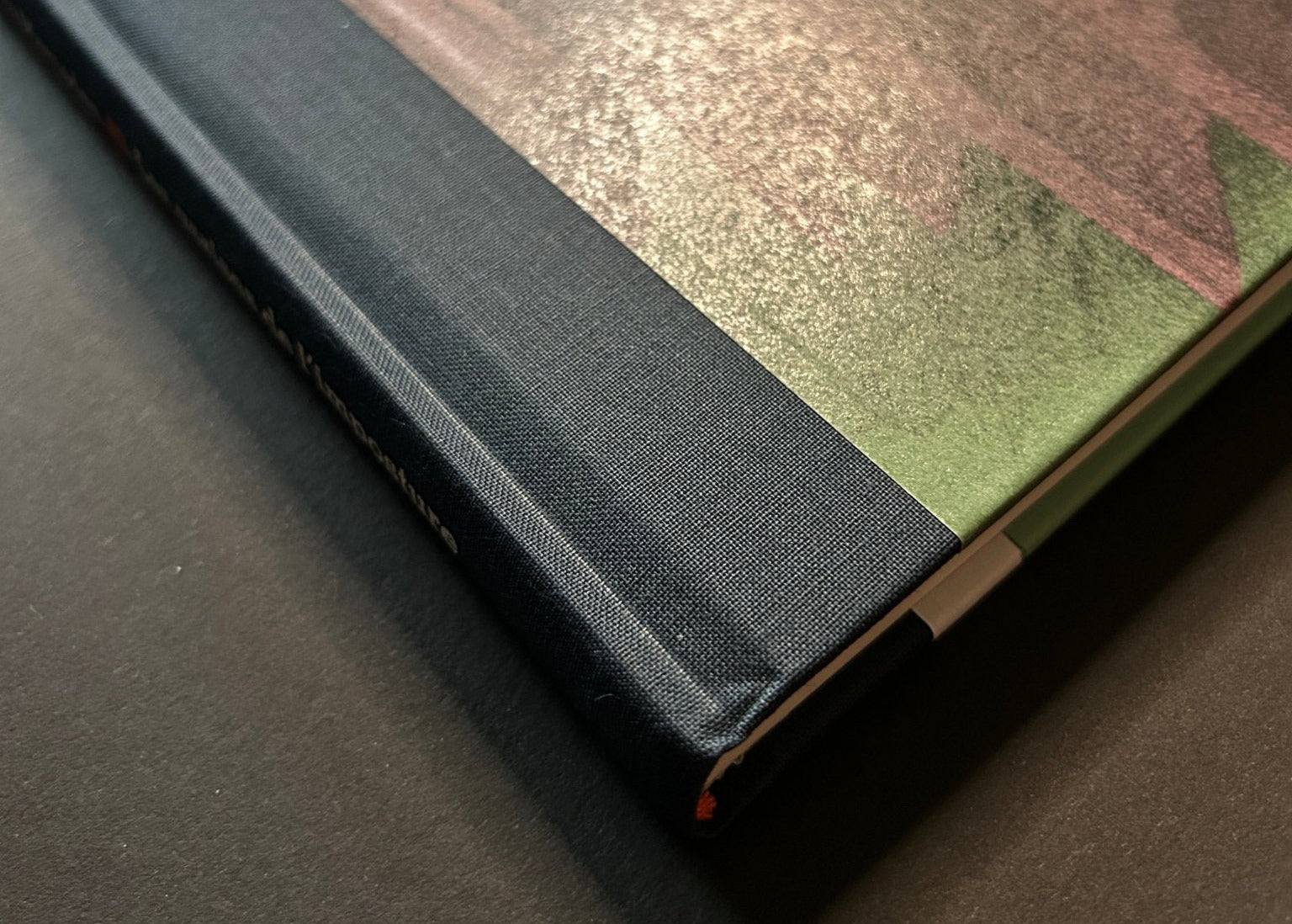 Close-up of the clothbound spine and cover corner of Les Assises de l'Imposture