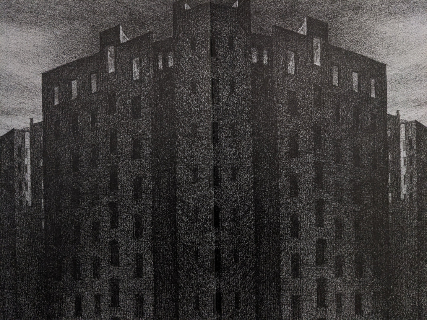 Surreal dark architectural drawing from Les Assises de l’Imposture by Rita Mercedes