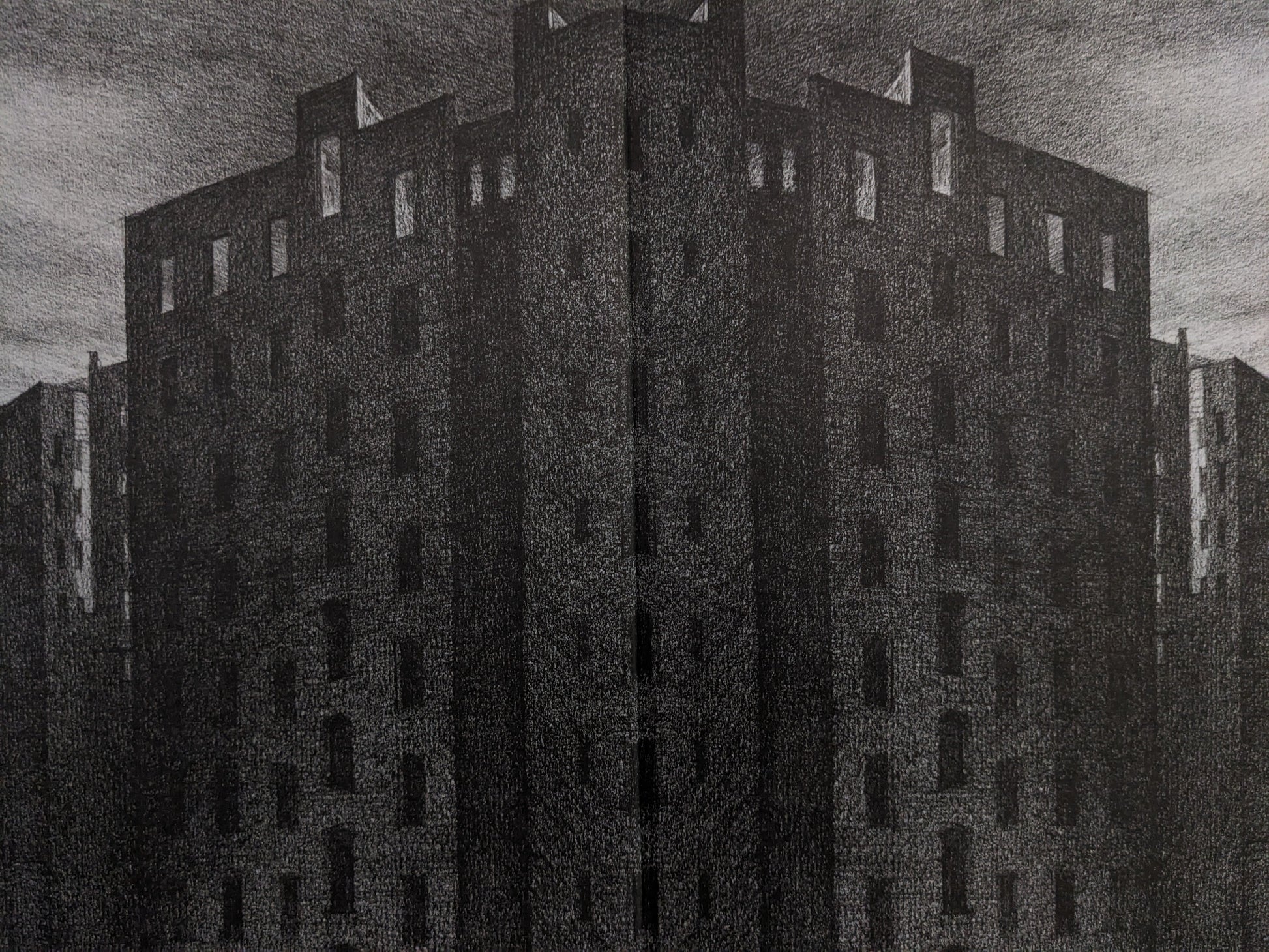 Surreal dark architectural drawing from Les Assises de l’Imposture by Rita Mercedes