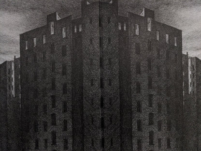 Surreal dark architectural drawing from Les Assises de l’Imposture by Rita Mercedes