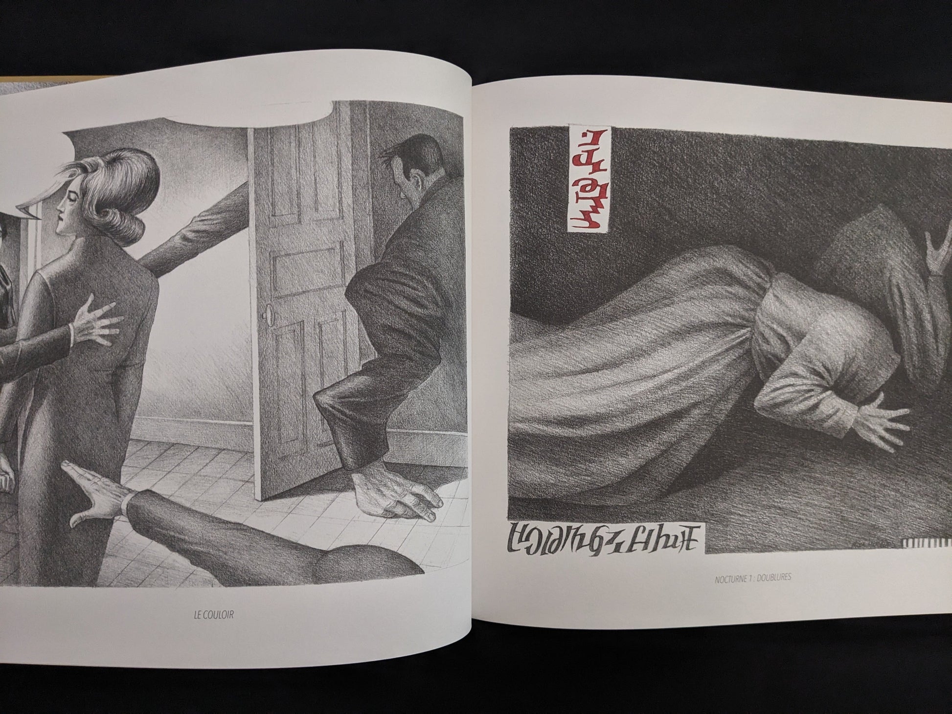 Surreal distorted human figures in abstract space – Les Assises de l’Imposture