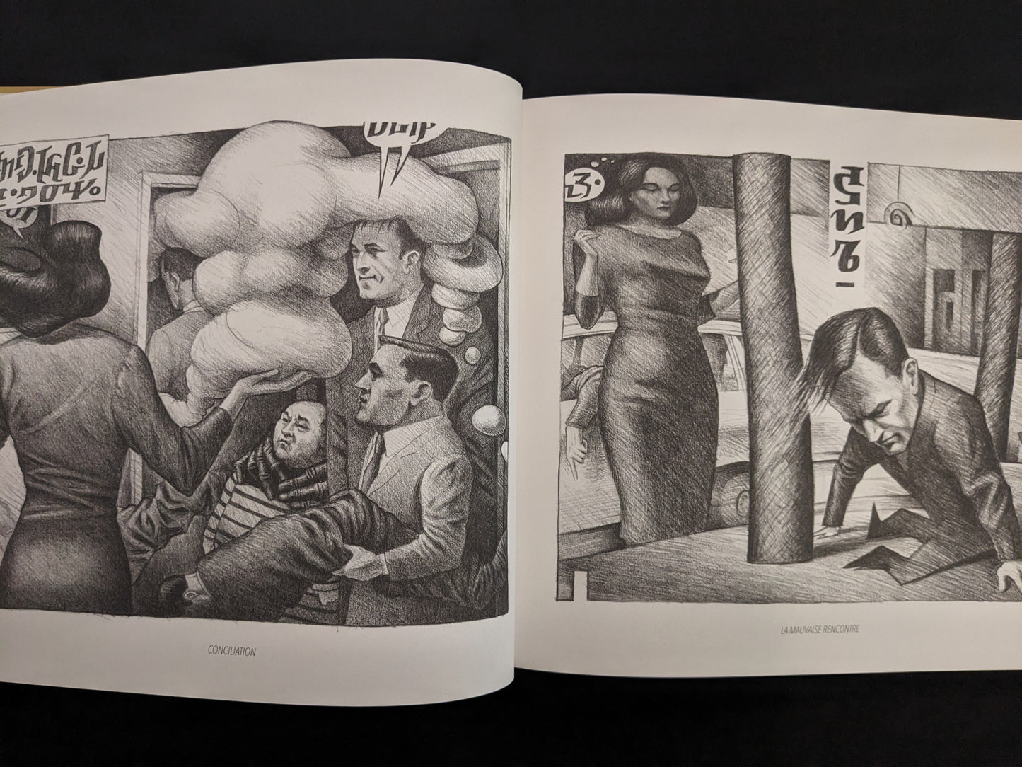 Illustration of surreal conflict scene with abstract characters from Les Assises de l’Imposture