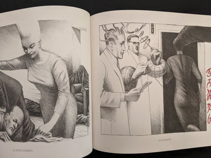 Surreal gathering of people in a dreamlike scene – Rita Mercedes, Les Assises de l’Imposture