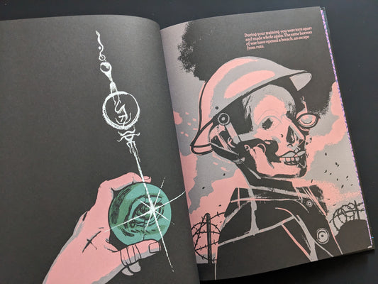 Interior page from "Leyre" with skeletal soldier artwork and surreal war imagery