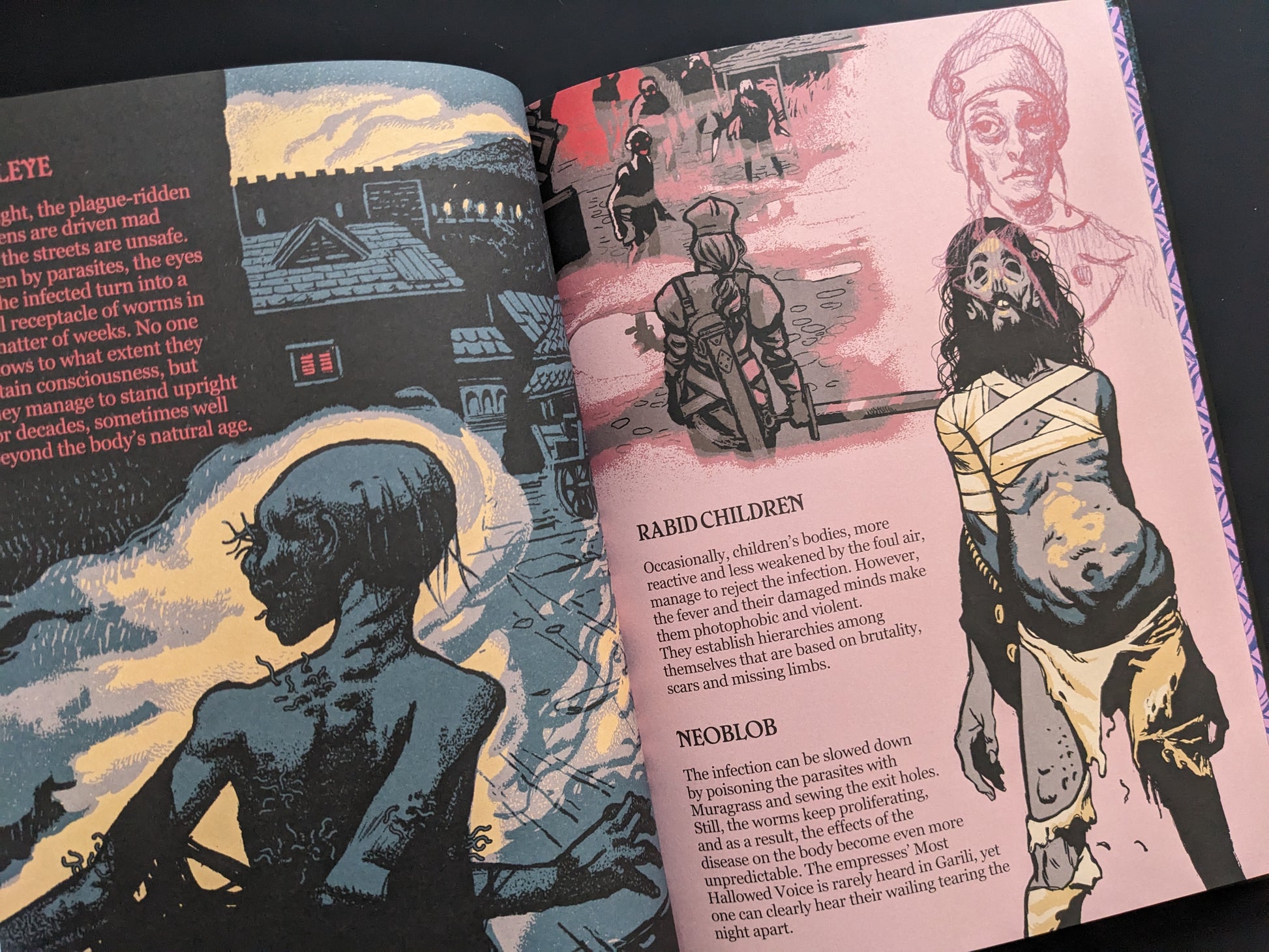 Interior spread from "Leyre" showing plague-ridden figures, rabid children, and Neoblob creatures