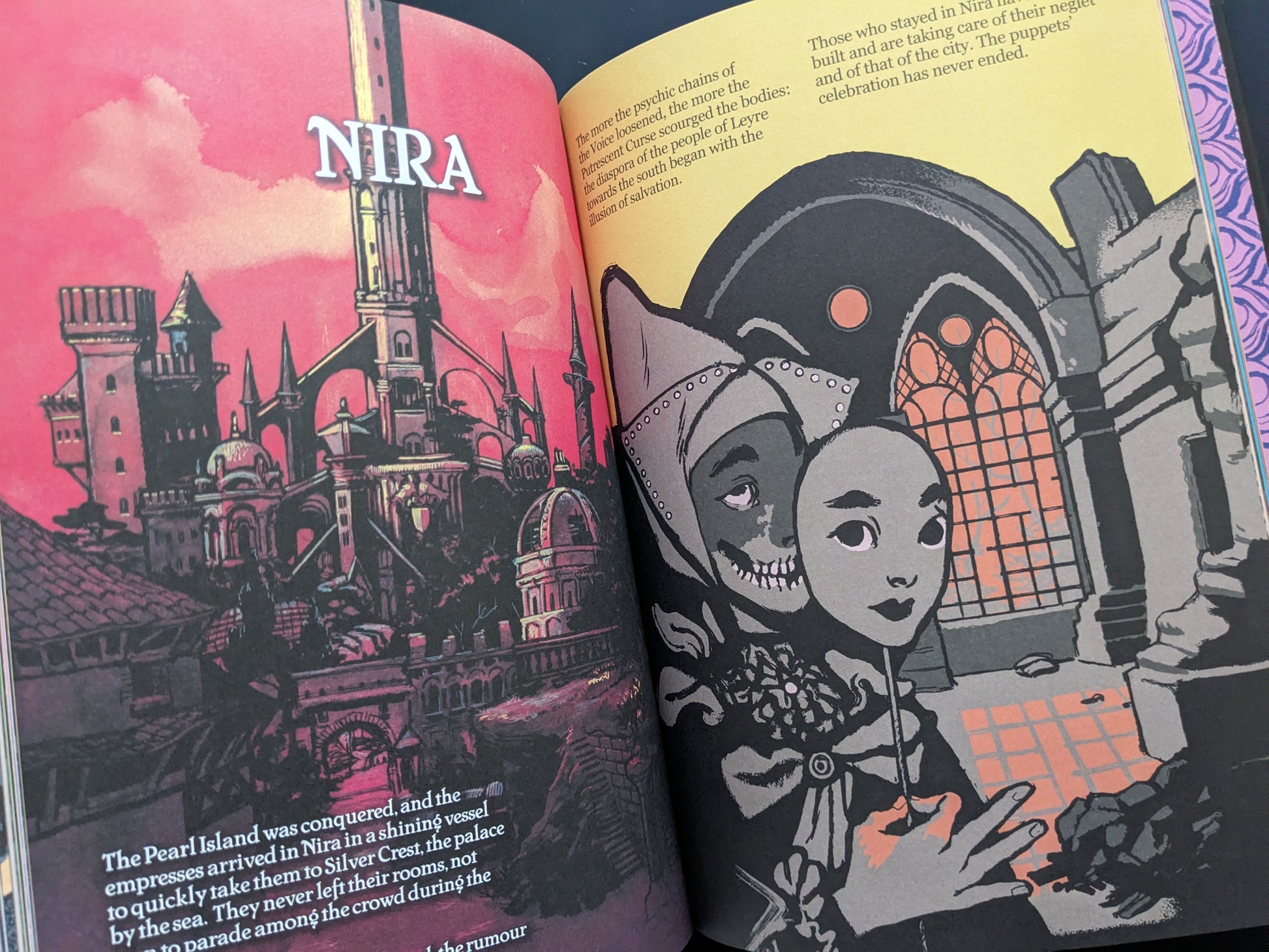 Page from "Leyre" showing the city of Nira and masked figures in gothic architecture