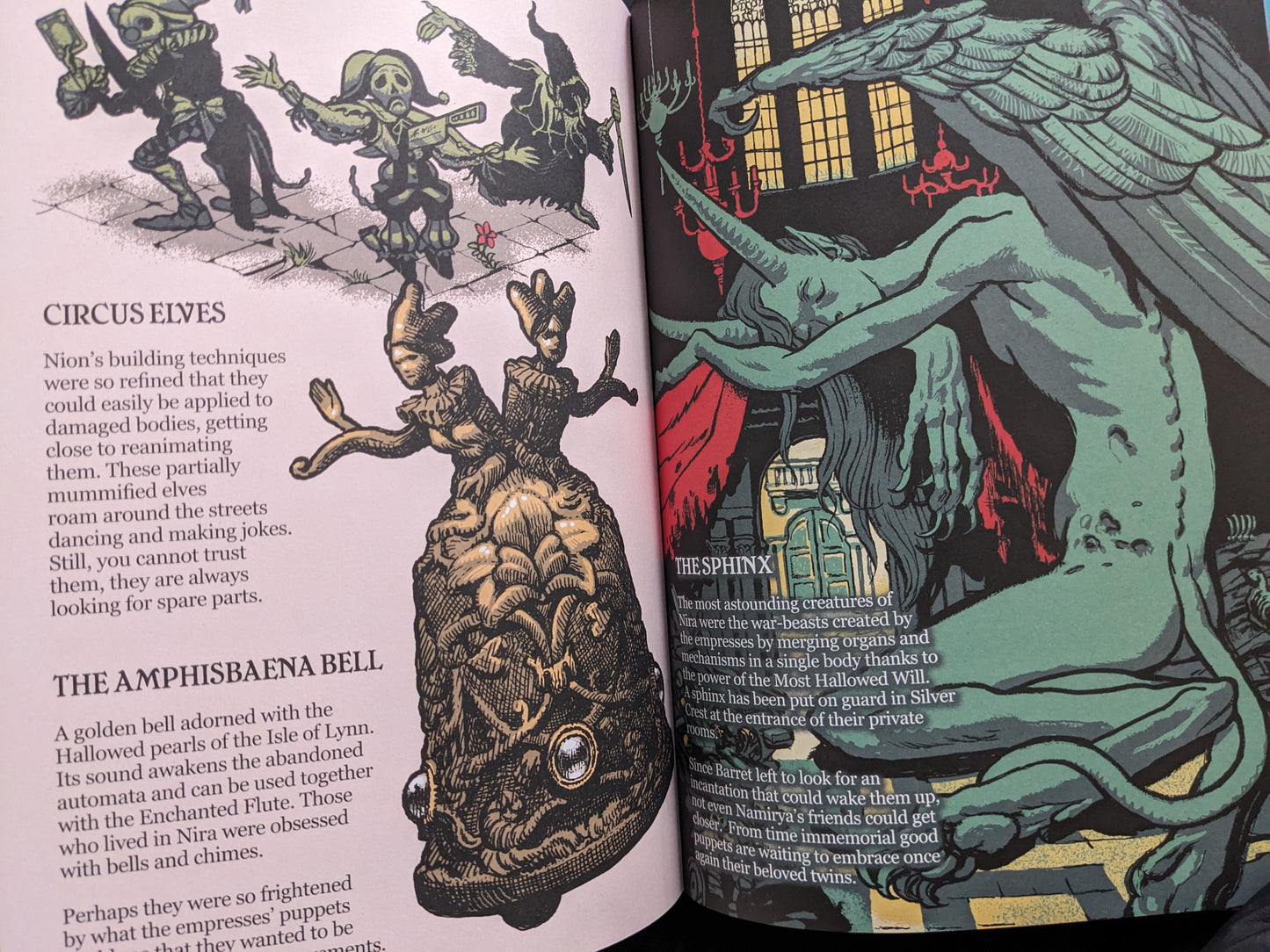 Interior illustration from "Leyre" with circus elves, Amphisbaena Bell, and a sphinx creature