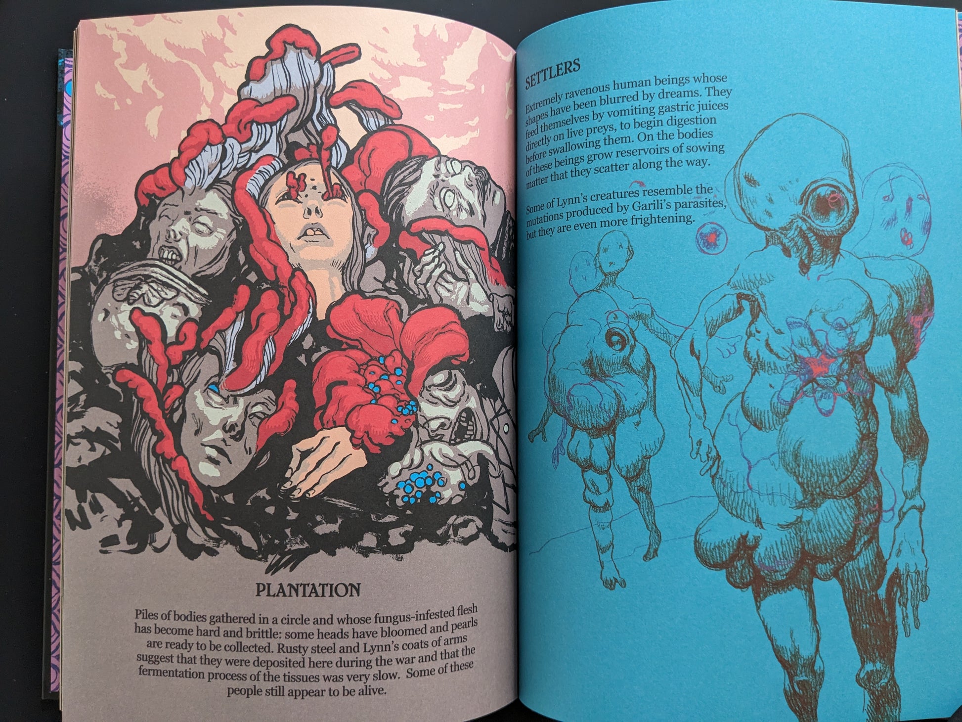 Spread from "Leyre" showing grotesque plantation of bodies and mutated settlers