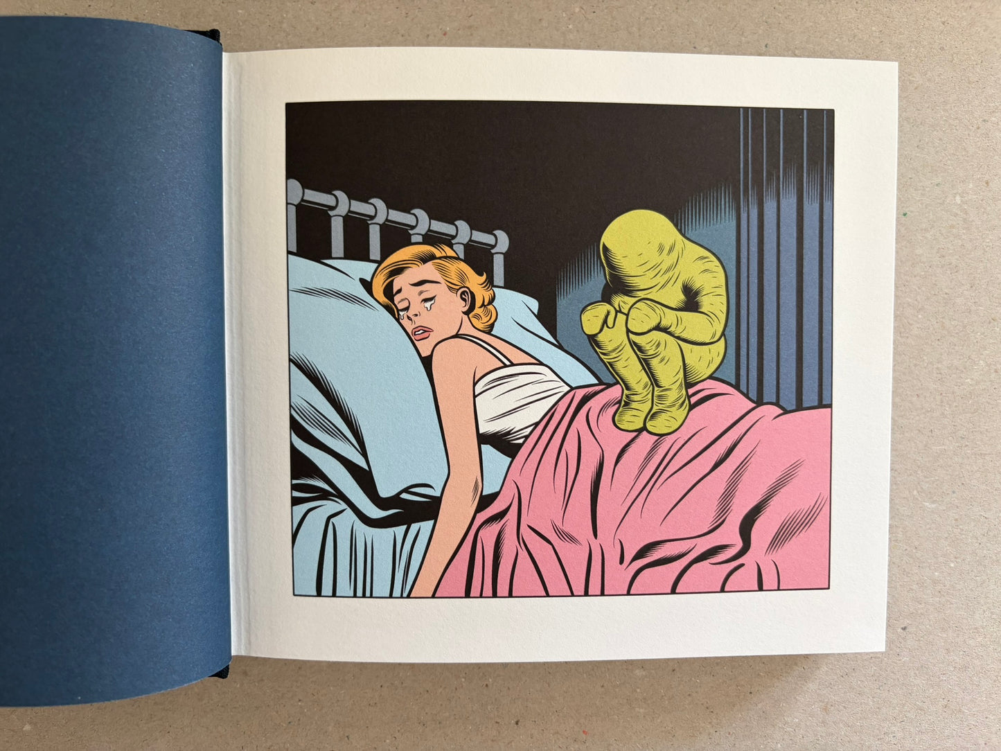 Two black-and-white comic panels in Love Nest by Charles Burns, including a man reaching toward a small figure outdoors.