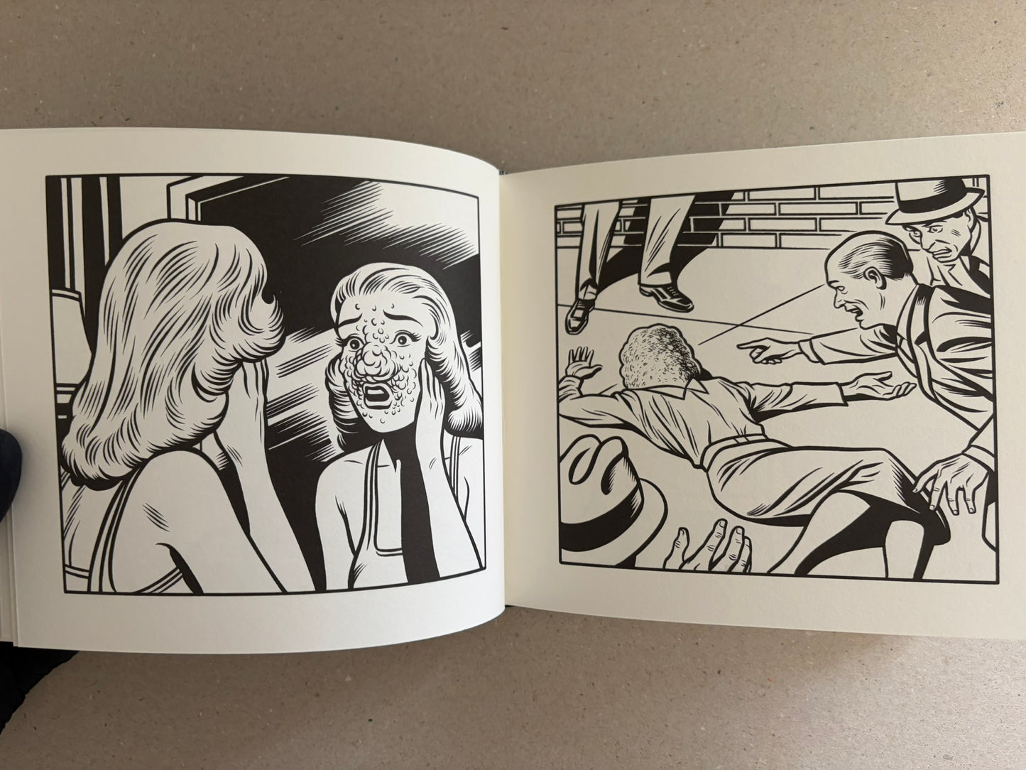 Black-and-white comic spread from Love Nest by Charles Burns showing a man and woman embracing in a garden.