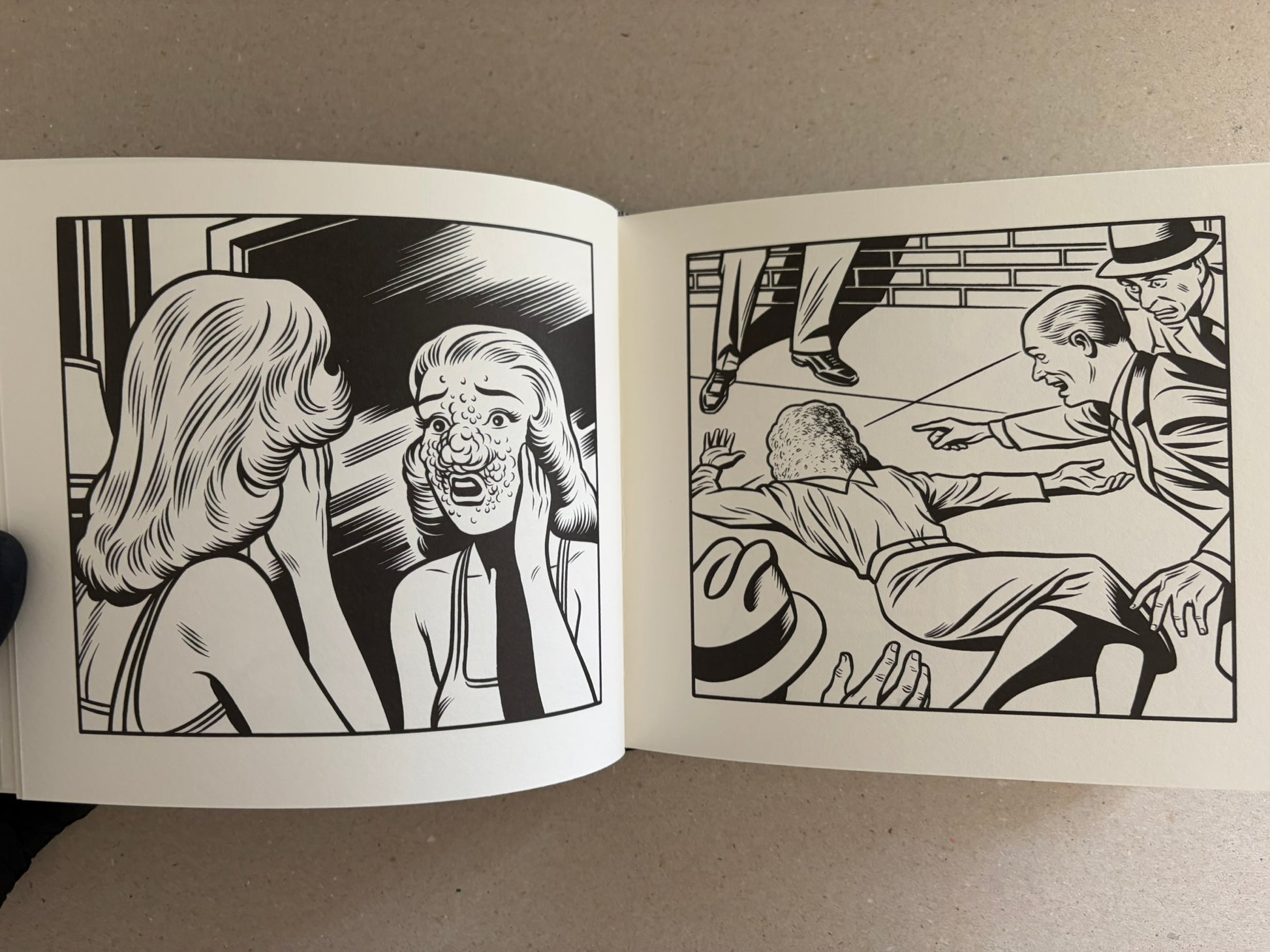Black-and-white comic spread from Love Nest by Charles Burns showing a man and woman embracing in a garden.