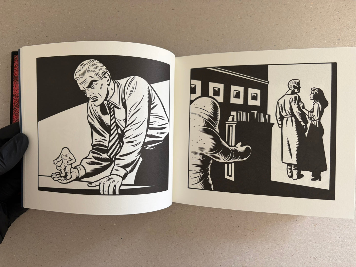 Black-and-white spread from Love Nest by Charles Burns showing a woman with a distressed face and a man at a control panel.