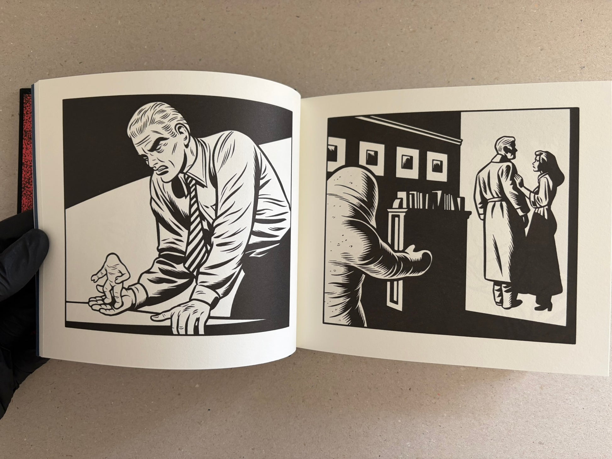 Black-and-white spread from Love Nest by Charles Burns showing a woman with a distressed face and a man at a control panel.