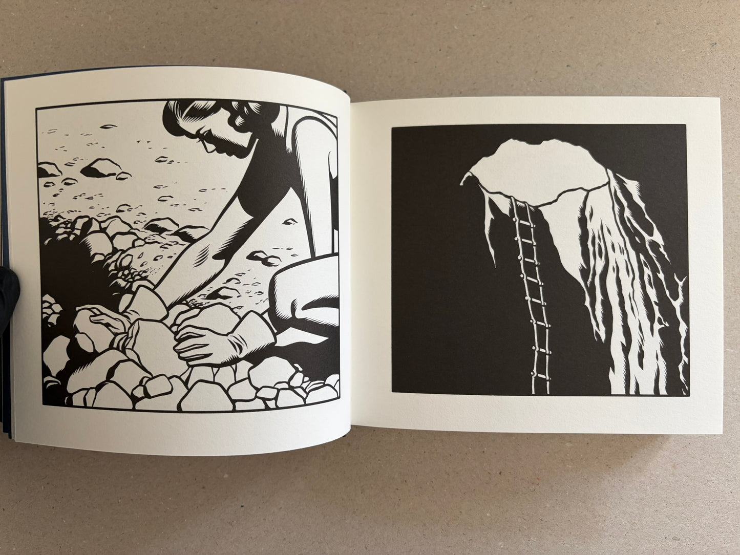 Open spread of Love Nest by Charles Burns with a seated man in a room and a close-up of a hand over a face.