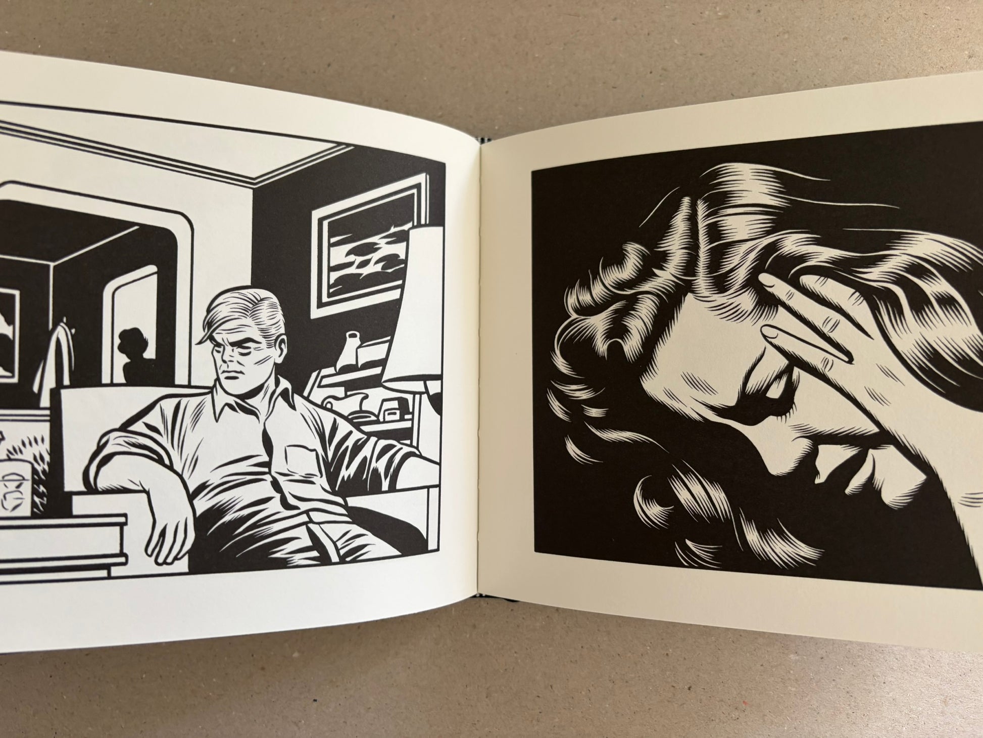 Black-and-white spread from Love Nest by Charles Burns with a seated man and a close-up of a hand covering a face.