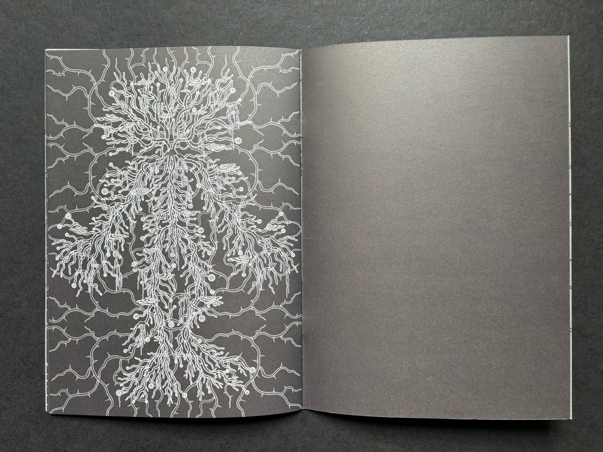Mana by Dina Omut, black endpaper spread with white root-like linework