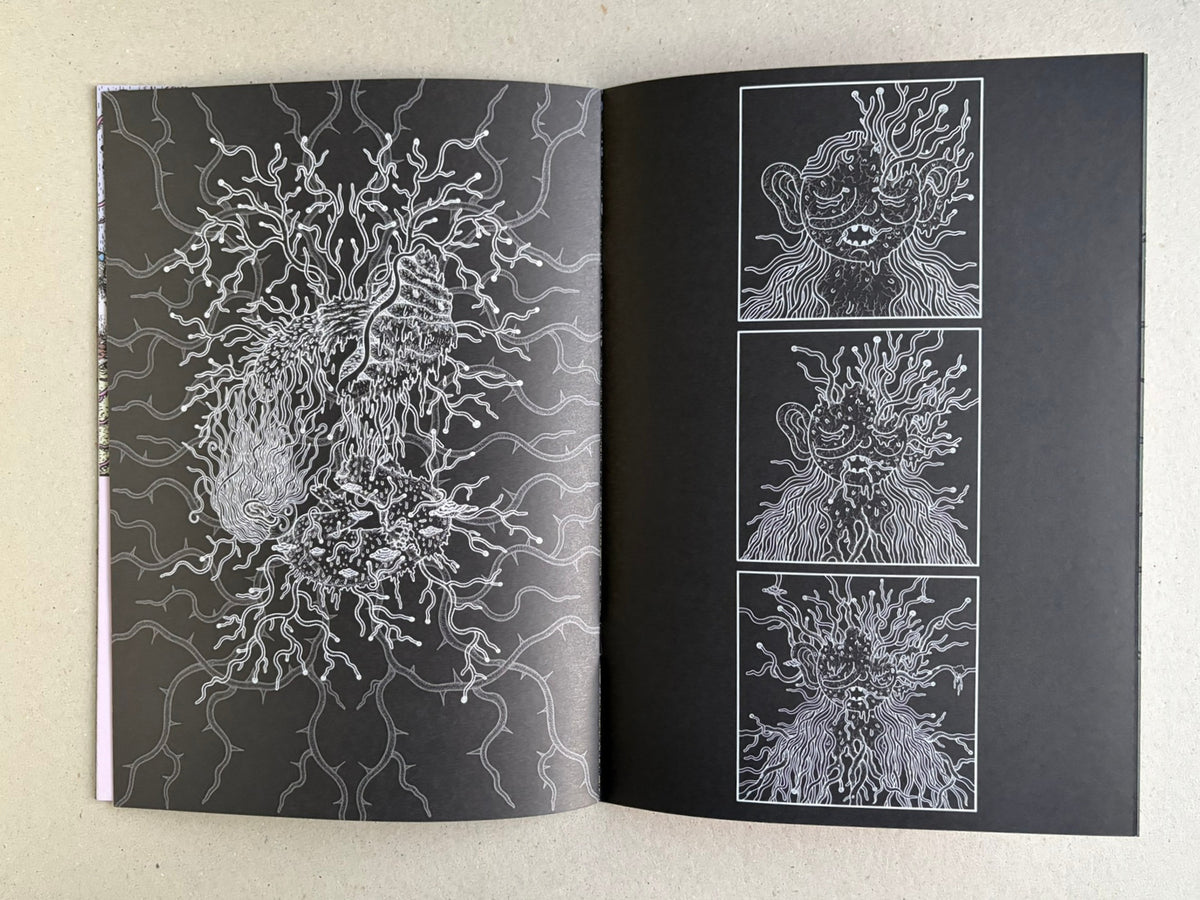 Mana by Dina Omut, black-and-white interior spread with a central organic form and three portrait panels on the right.