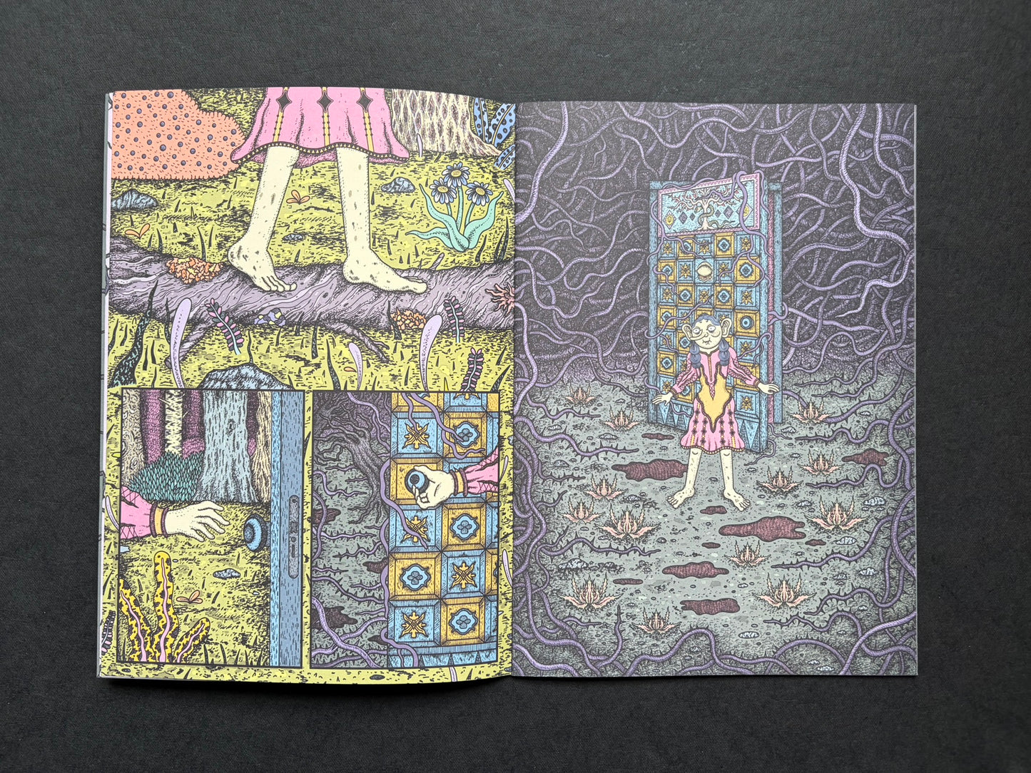 Mana by Dina Omut, open spread showing interior artwork with the girl and mushroom